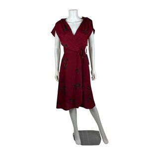 Vintage 70s Wrap Dress Womens Small Red Gold Floral Romantic Deadstock Flutter C